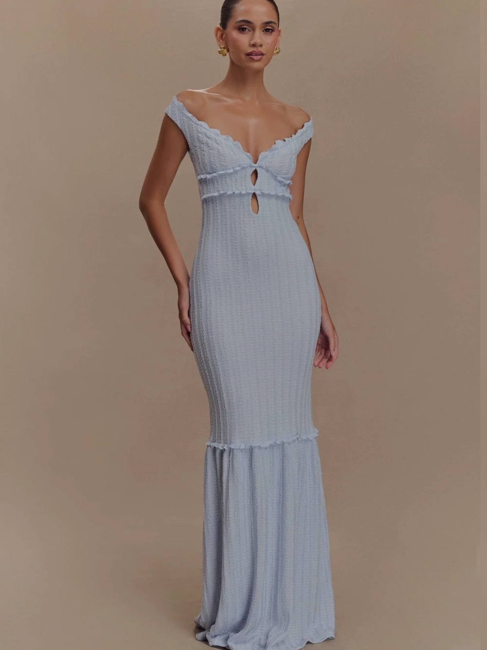 Meshki Pale Blue Off-Shoulder Knit Maxi Dress